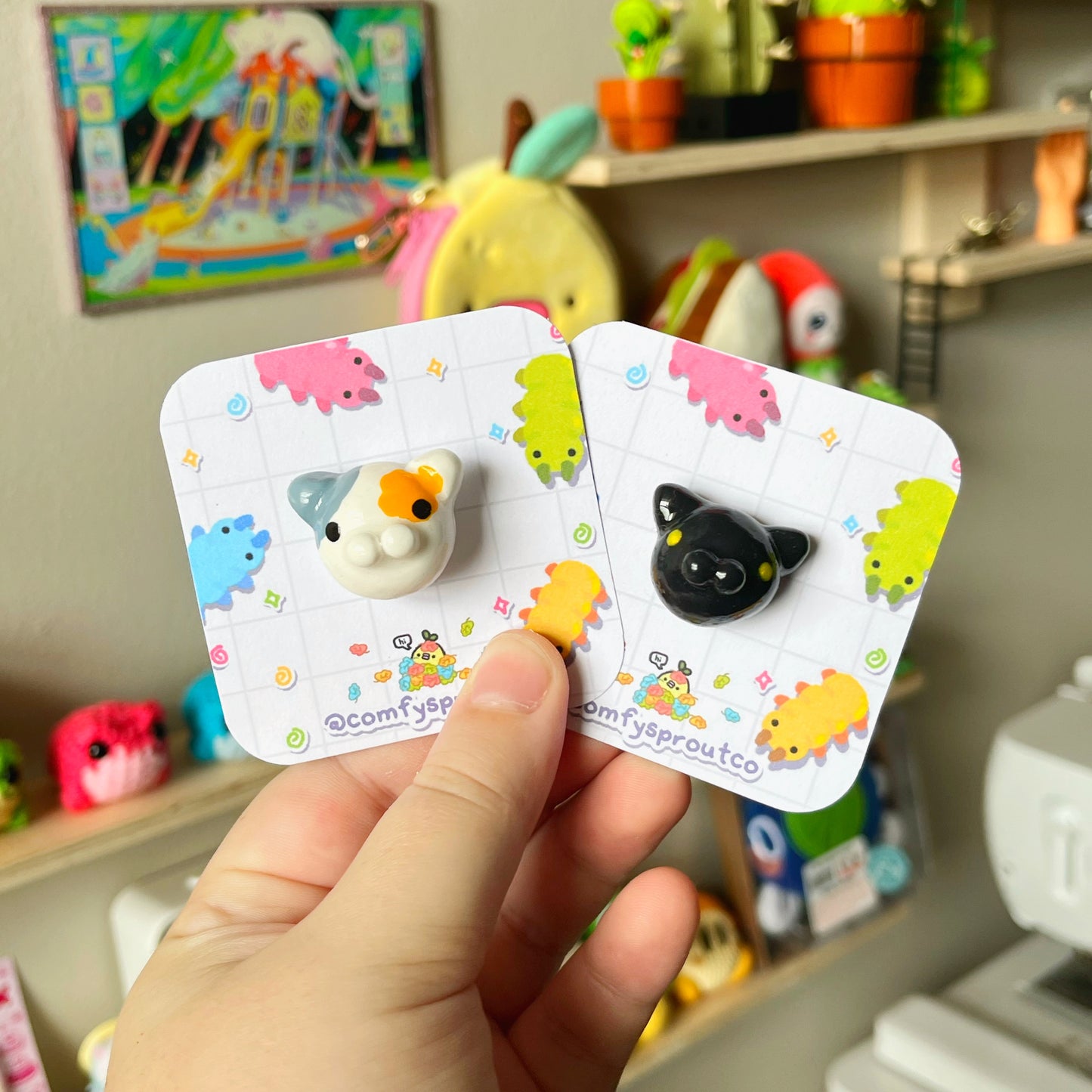 Calico and black kitty magnets made from polymer clay